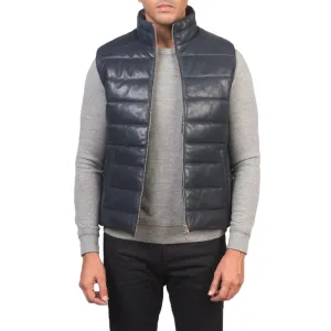 Mens Blue Leather Puffer Vest