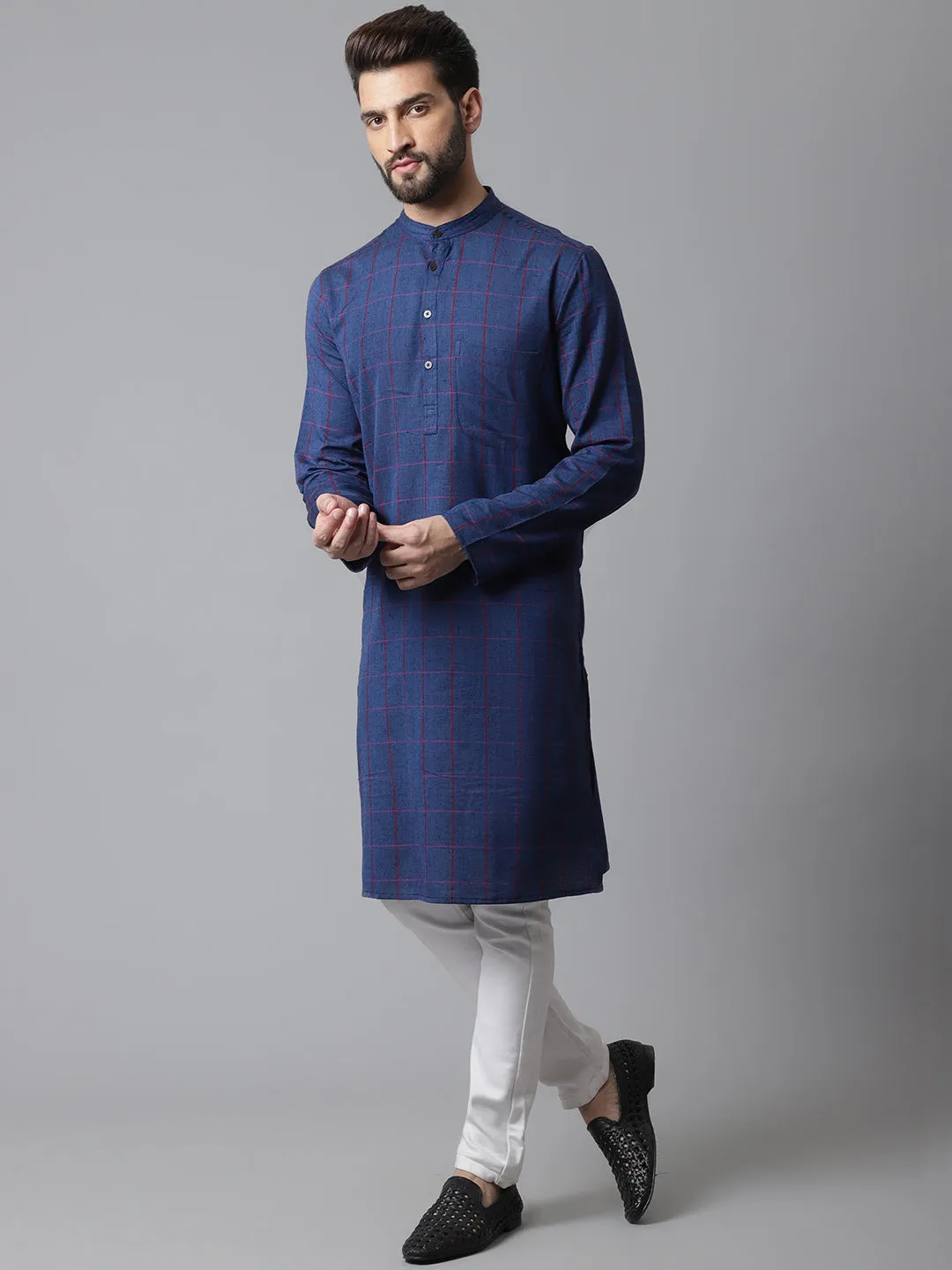 Men's Blue Long Kurta With Band Collar - Even Apparels