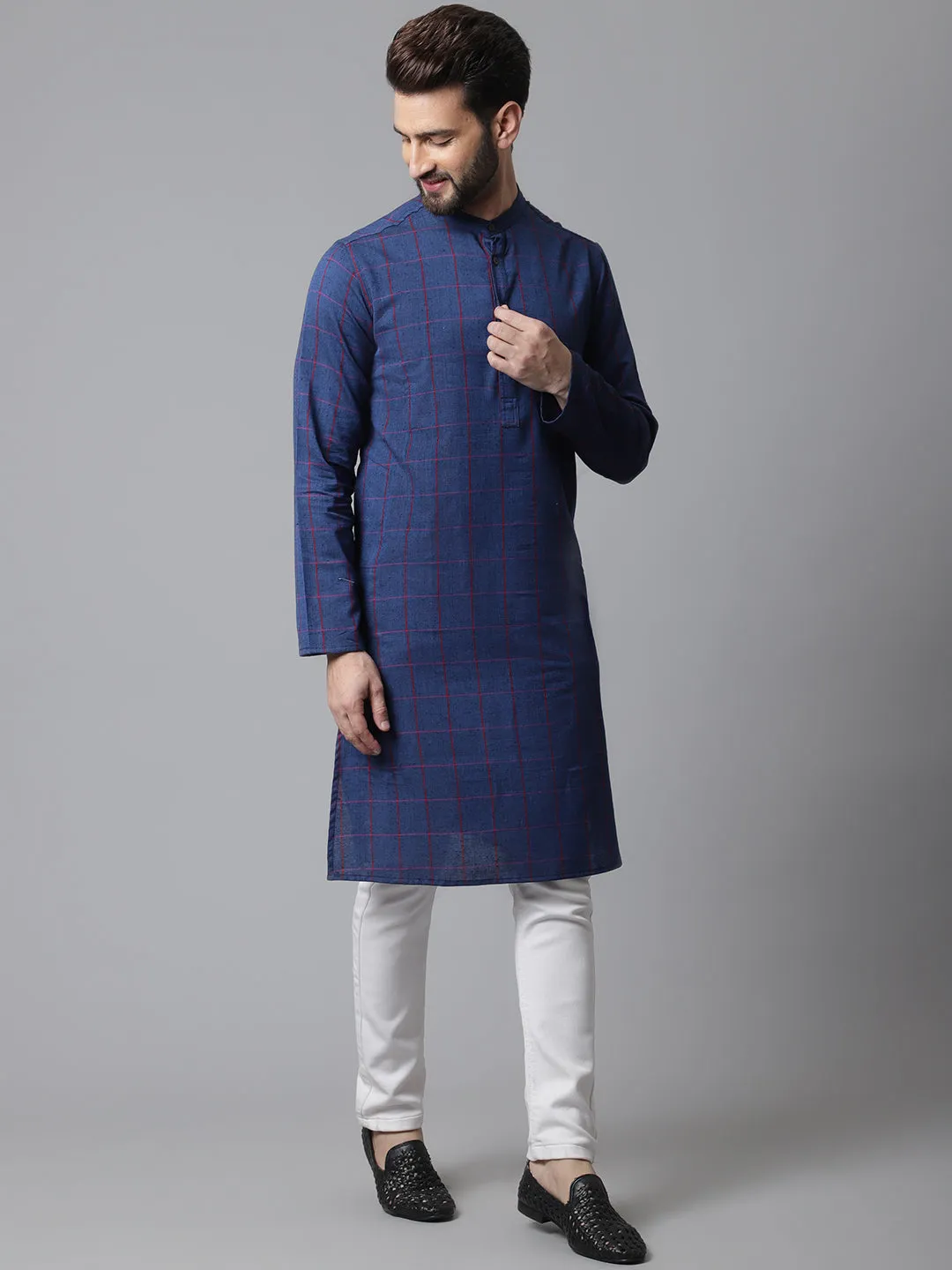 Men's Blue Long Kurta With Band Collar - Even Apparels