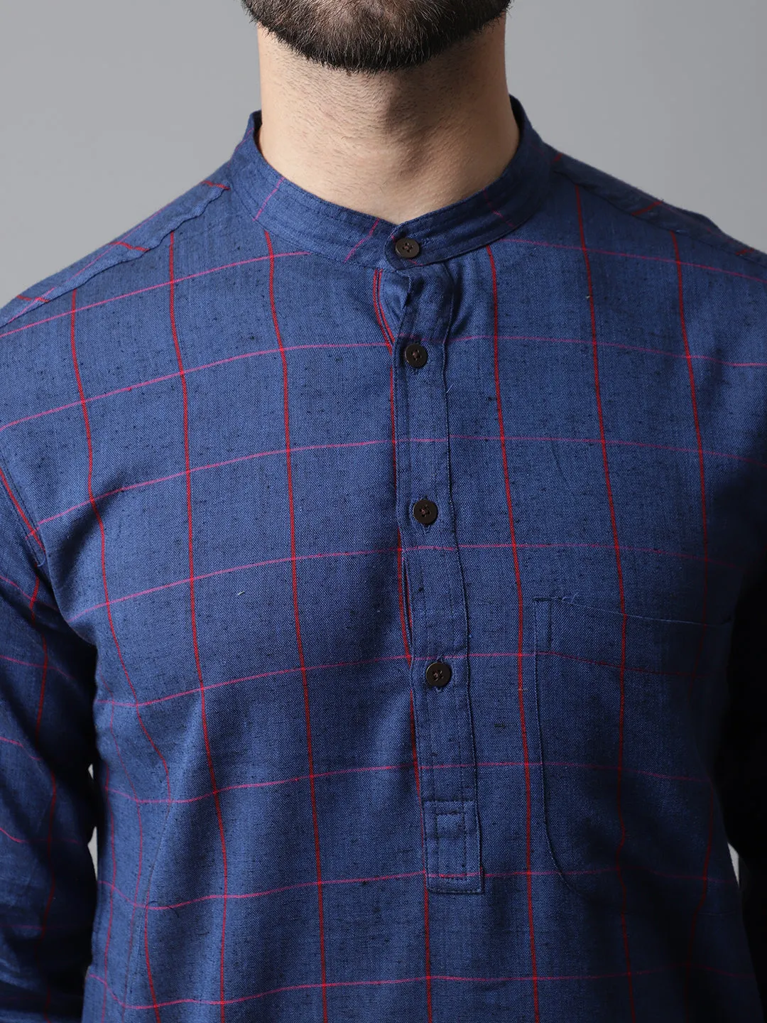 Men's Blue Long Kurta With Band Collar - Even Apparels