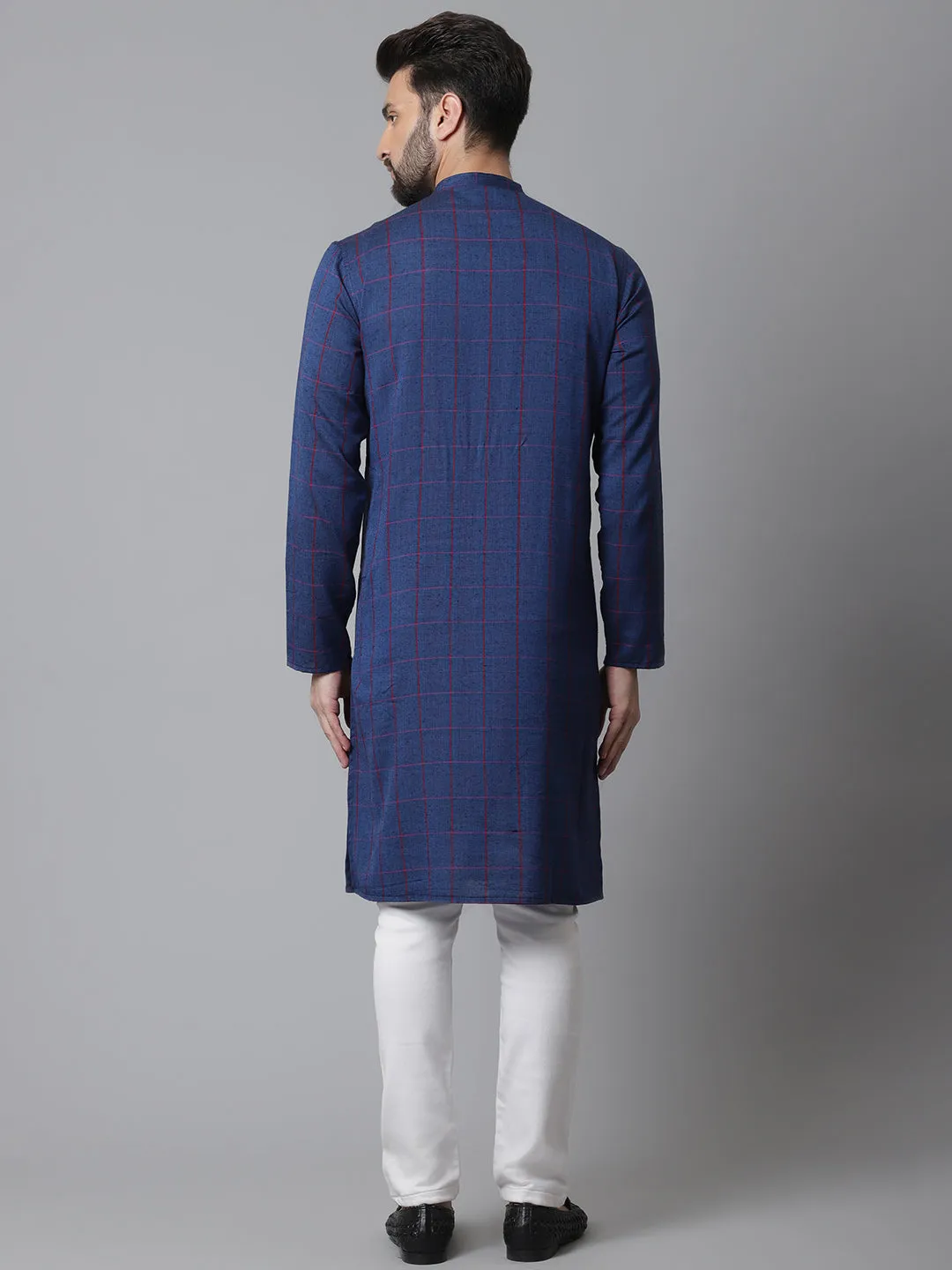 Men's Blue Long Kurta With Band Collar - Even Apparels