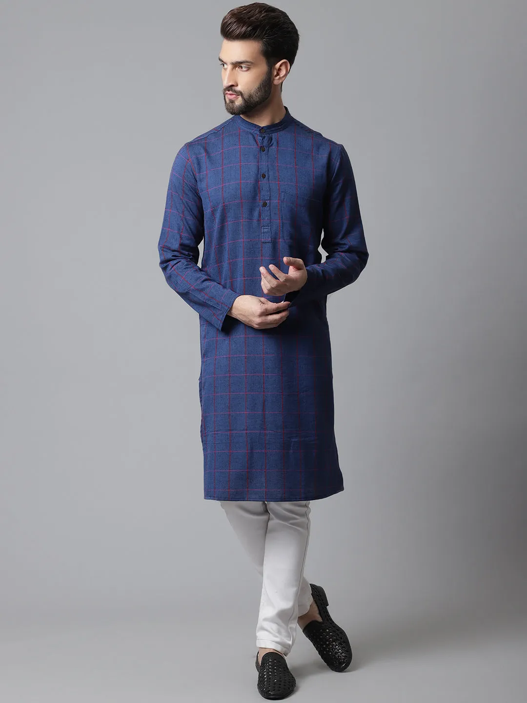 Men's Blue Long Kurta With Band Collar - Even Apparels