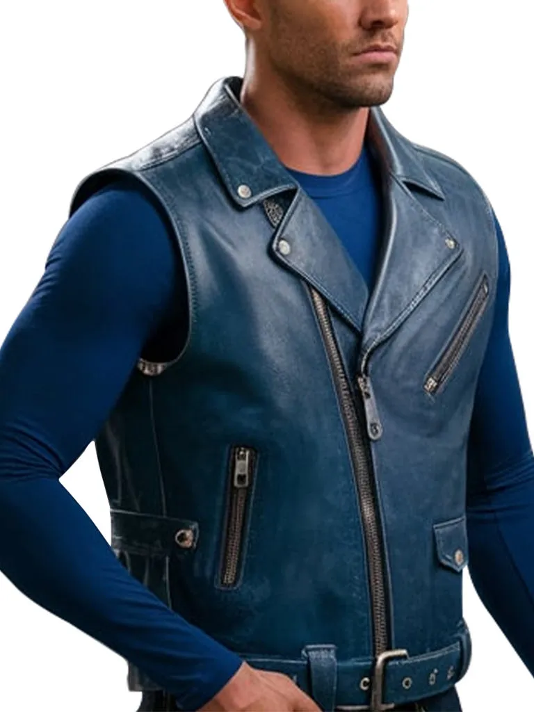 Men's Blue Luxe Leather Biker Vest