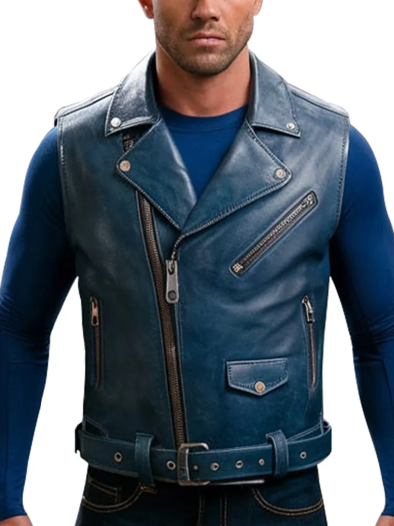 Men's Blue Luxe Leather Biker Vest