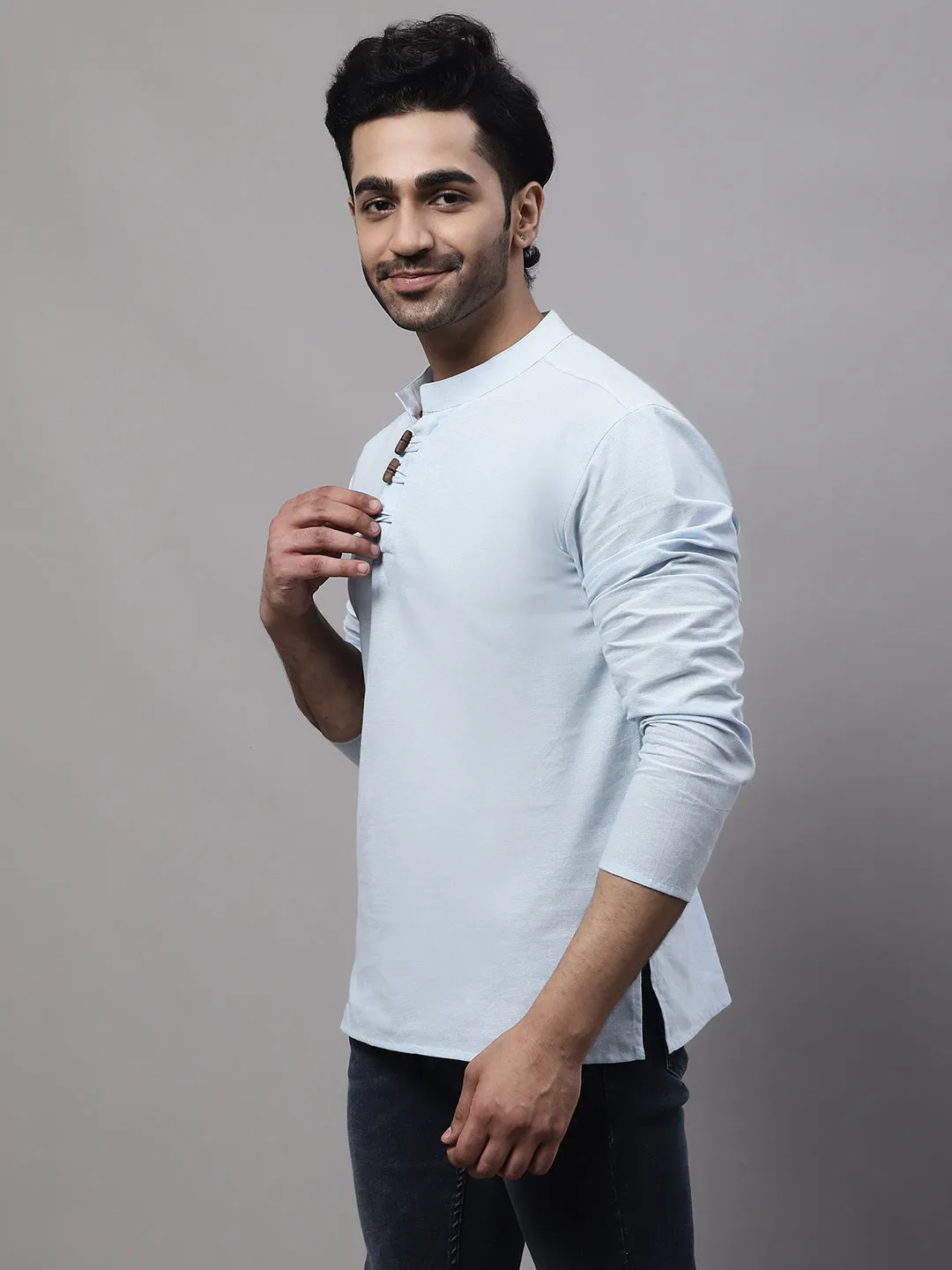 Men's Blue Pure Cotton Kurta With Band Collar - Even Apparels