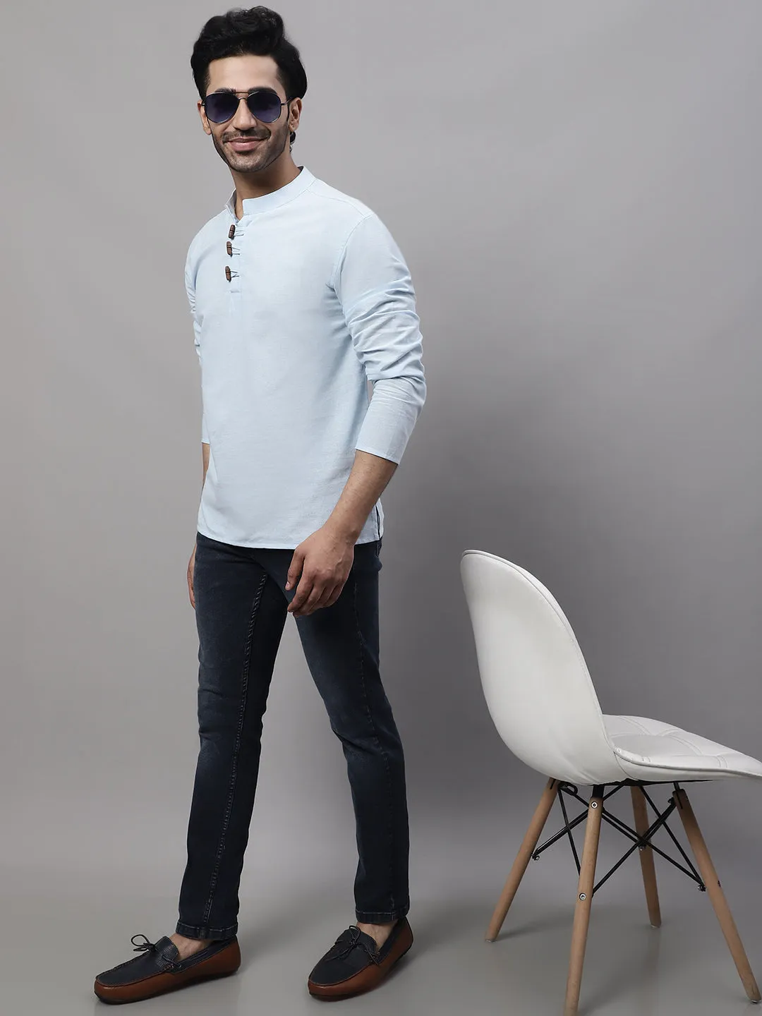 Men's Blue Pure Cotton Kurta With Band Collar - Even Apparels