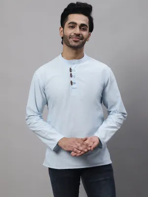 Men's Blue Pure Cotton Kurta With Band Collar - Even Apparels