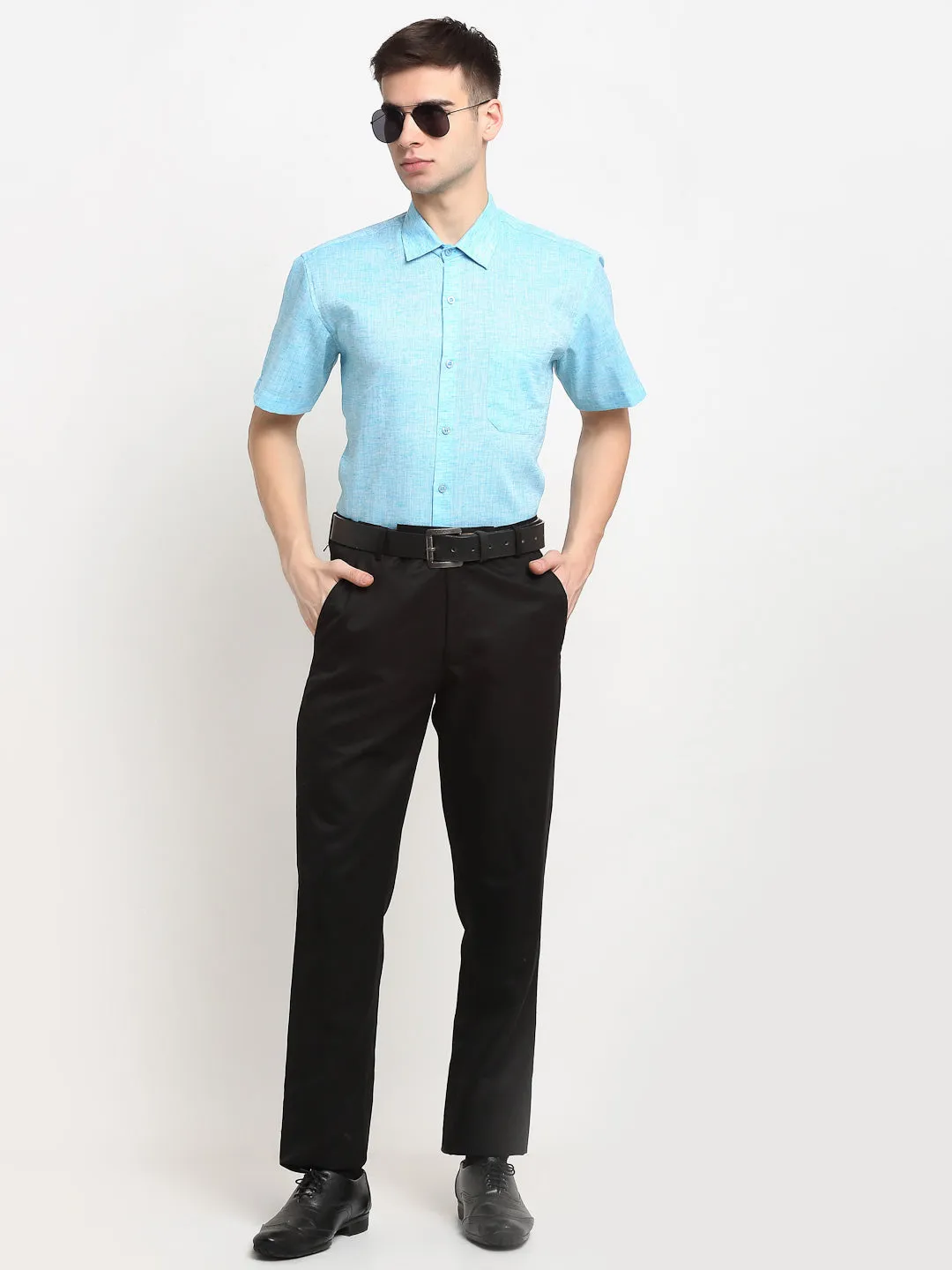 Men's Blue Solid Cotton Half Sleeves Formal Shirt ( SF 783Sky ) - Jainish