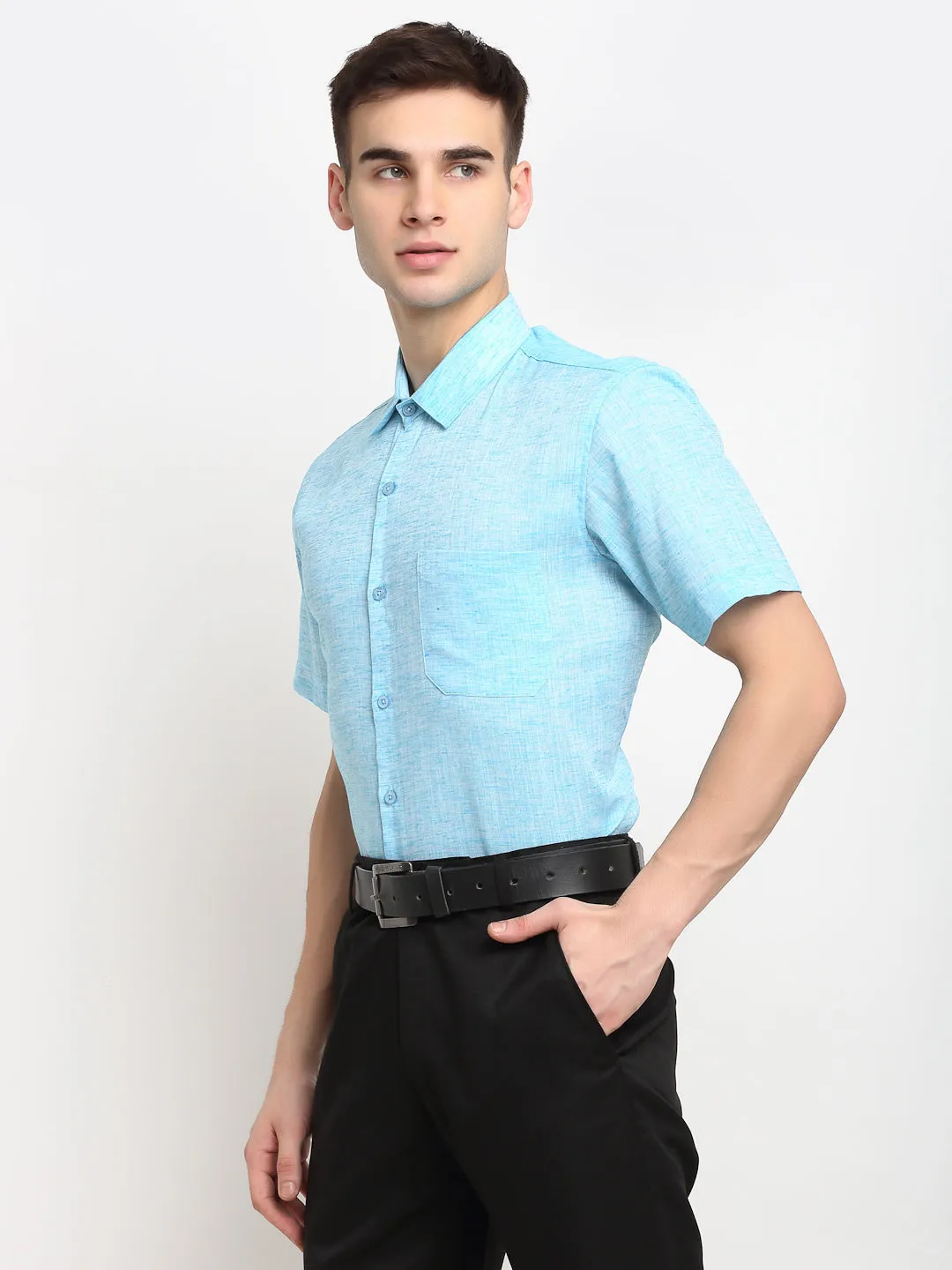 Men's Blue Solid Cotton Half Sleeves Formal Shirt ( SF 783Sky ) - Jainish