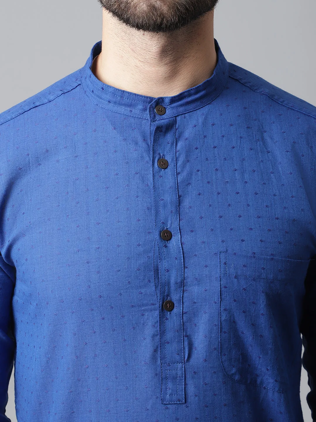 Men's Blue Solid Kurta With Band Collar - Even Apparels