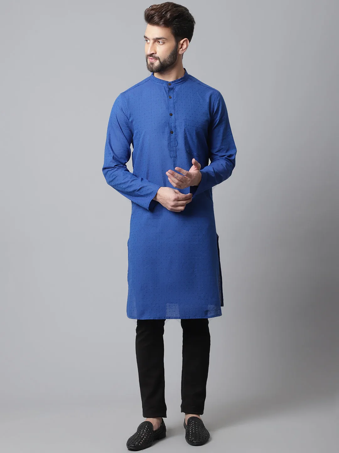 Men's Blue Solid Kurta With Band Collar - Even Apparels