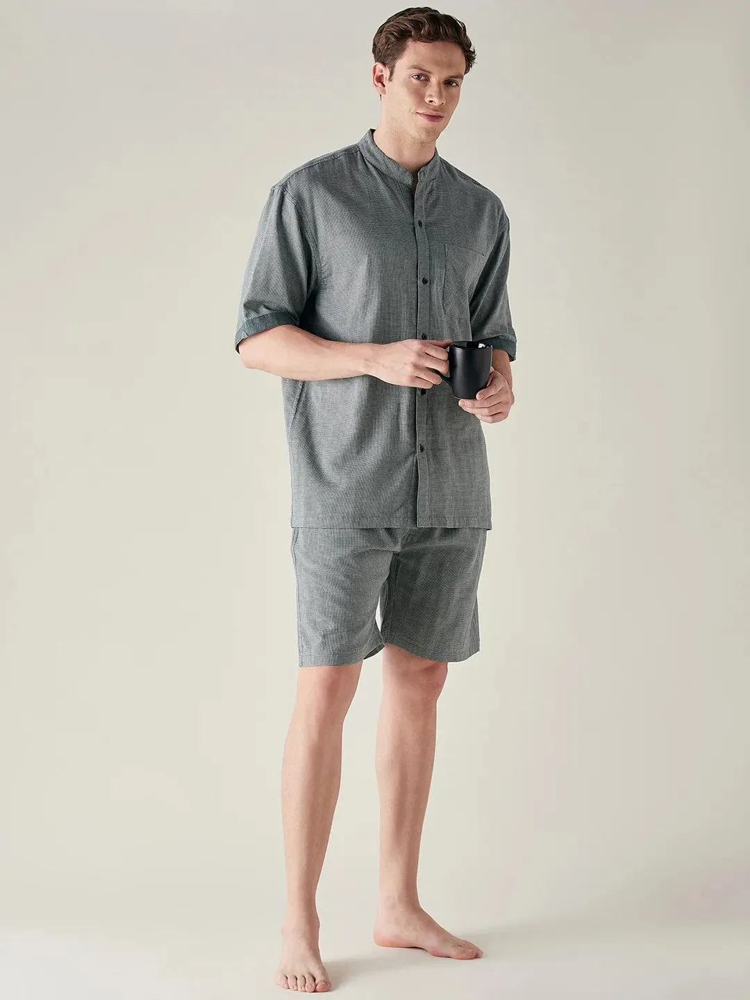 Mens Bottle Green Checks Pure Cotton Supersoft Shorts Set