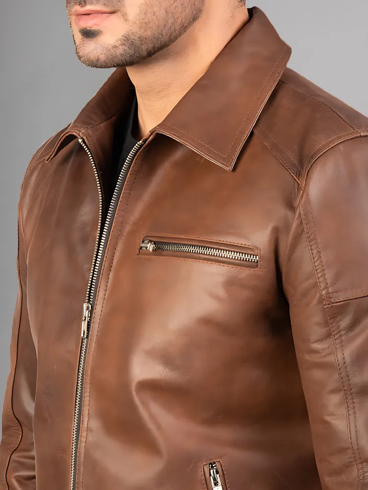 Mens Brando Cafe Racer Motorcycle Leather Jacket