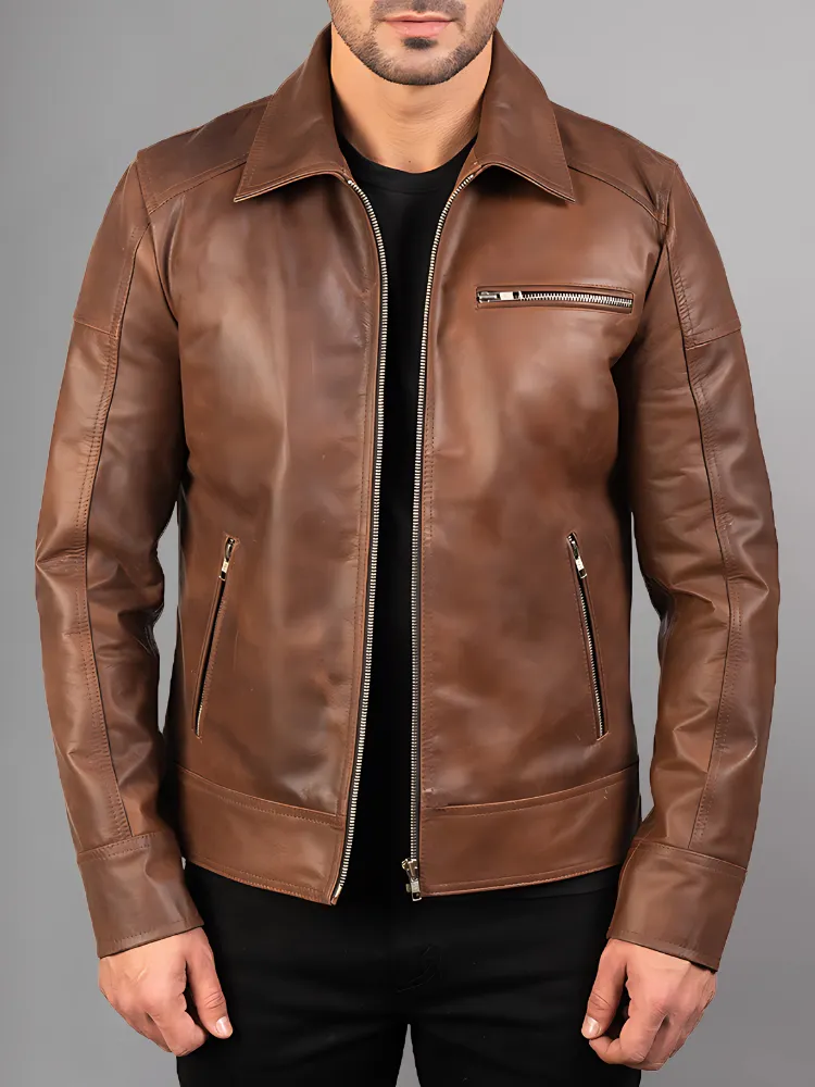 Mens Brando Cafe Racer Motorcycle Leather Jacket