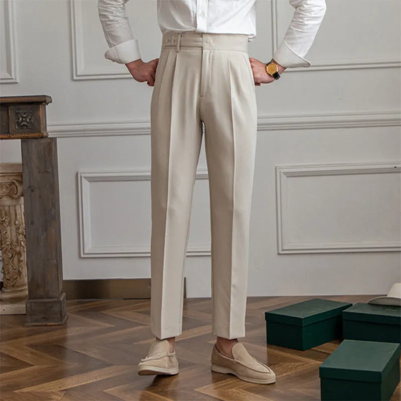 Men's British Casual Dress Pants Slim Fit High Waisted Trousers