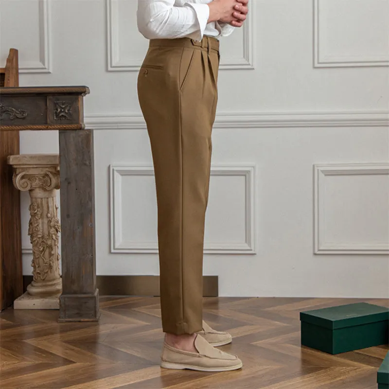 Men's British Casual Dress Pants Slim Fit High Waisted Trousers