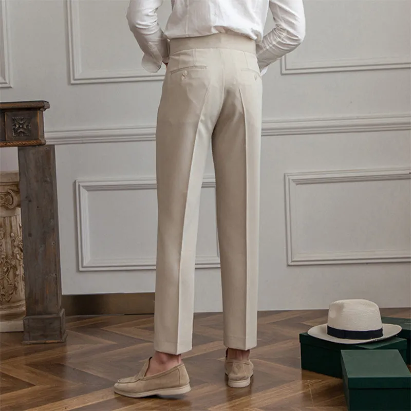 Men's British Casual Dress Pants Slim Fit High Waisted Trousers