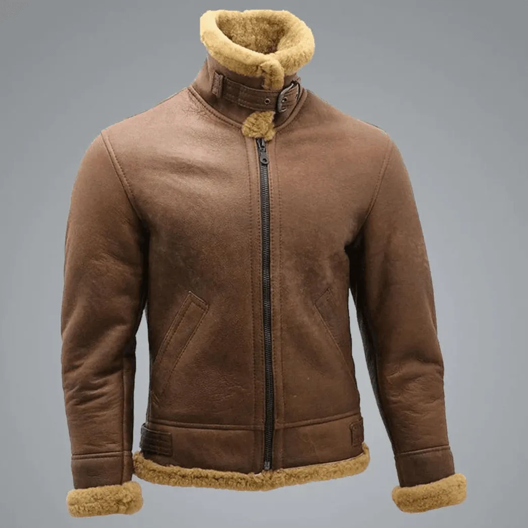 Mens Brown B3 Shearling Sheepskin WW 2 Bomber Jacket