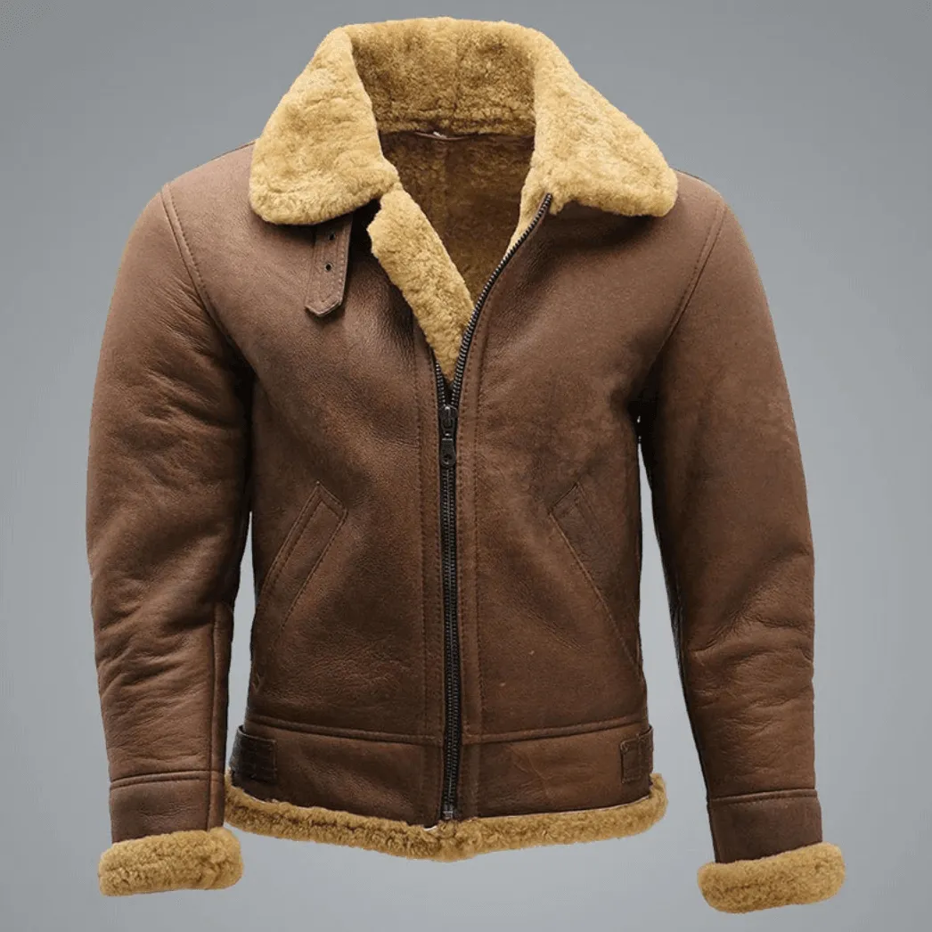 Mens Brown B3 Shearling Sheepskin WW 2 Bomber Jacket