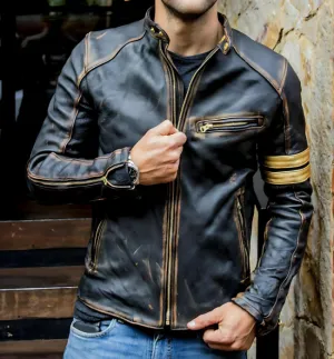 Mens Brown Café Racer Distressed Quilted Motorcycle Leather Jacket