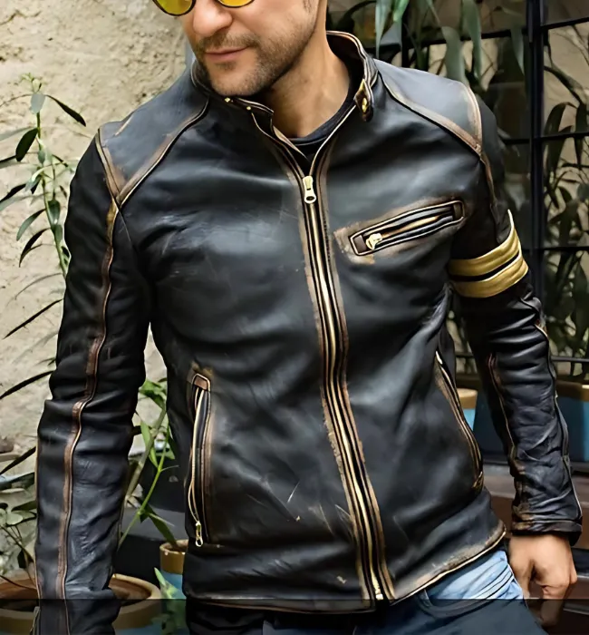 Mens Brown Café Racer Distressed Quilted Motorcycle Leather Jacket