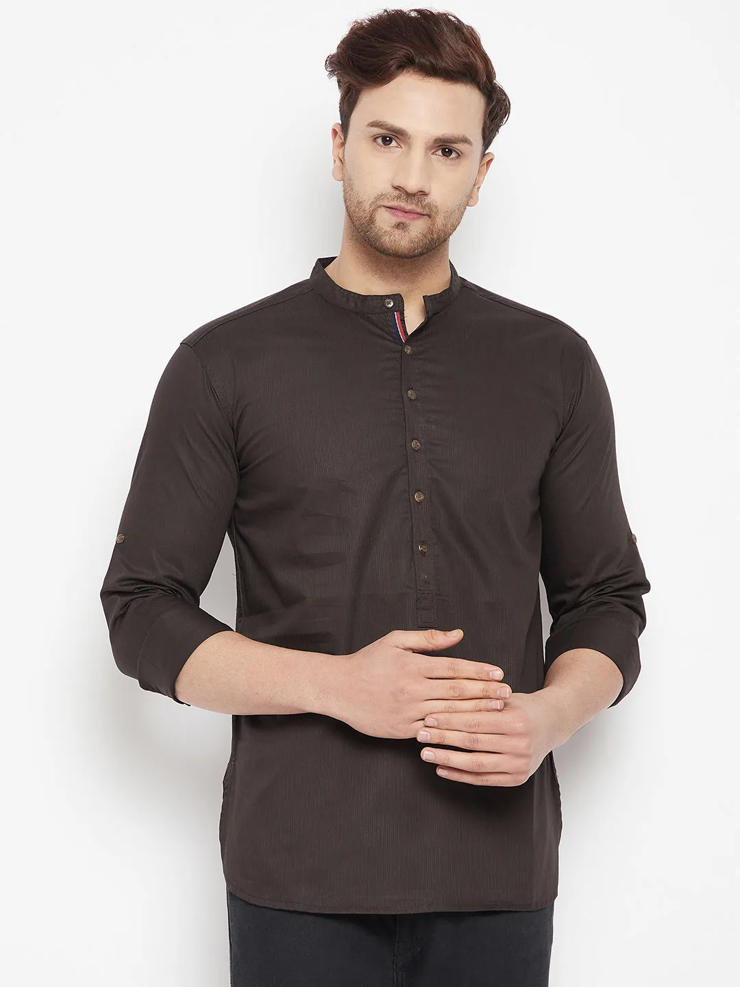 Men's Brown Color Long Kurta with Band Collar - Even Apparels