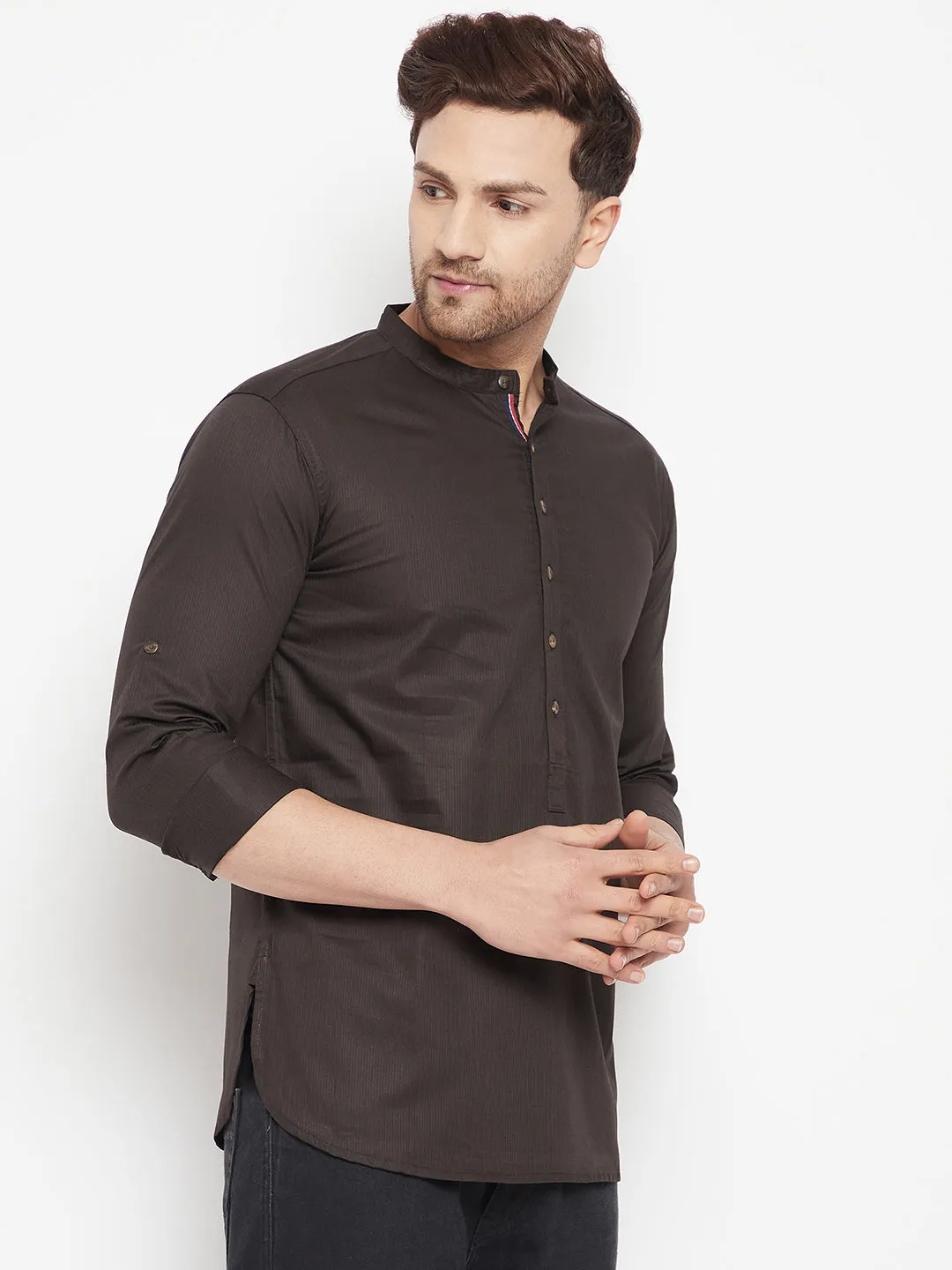 Men's Brown Color Long Kurta with Band Collar - Even Apparels