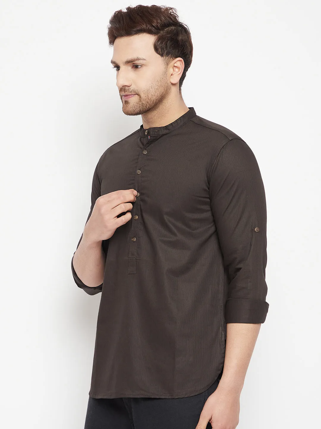 Men's Brown Color Long Kurta with Band Collar - Even Apparels