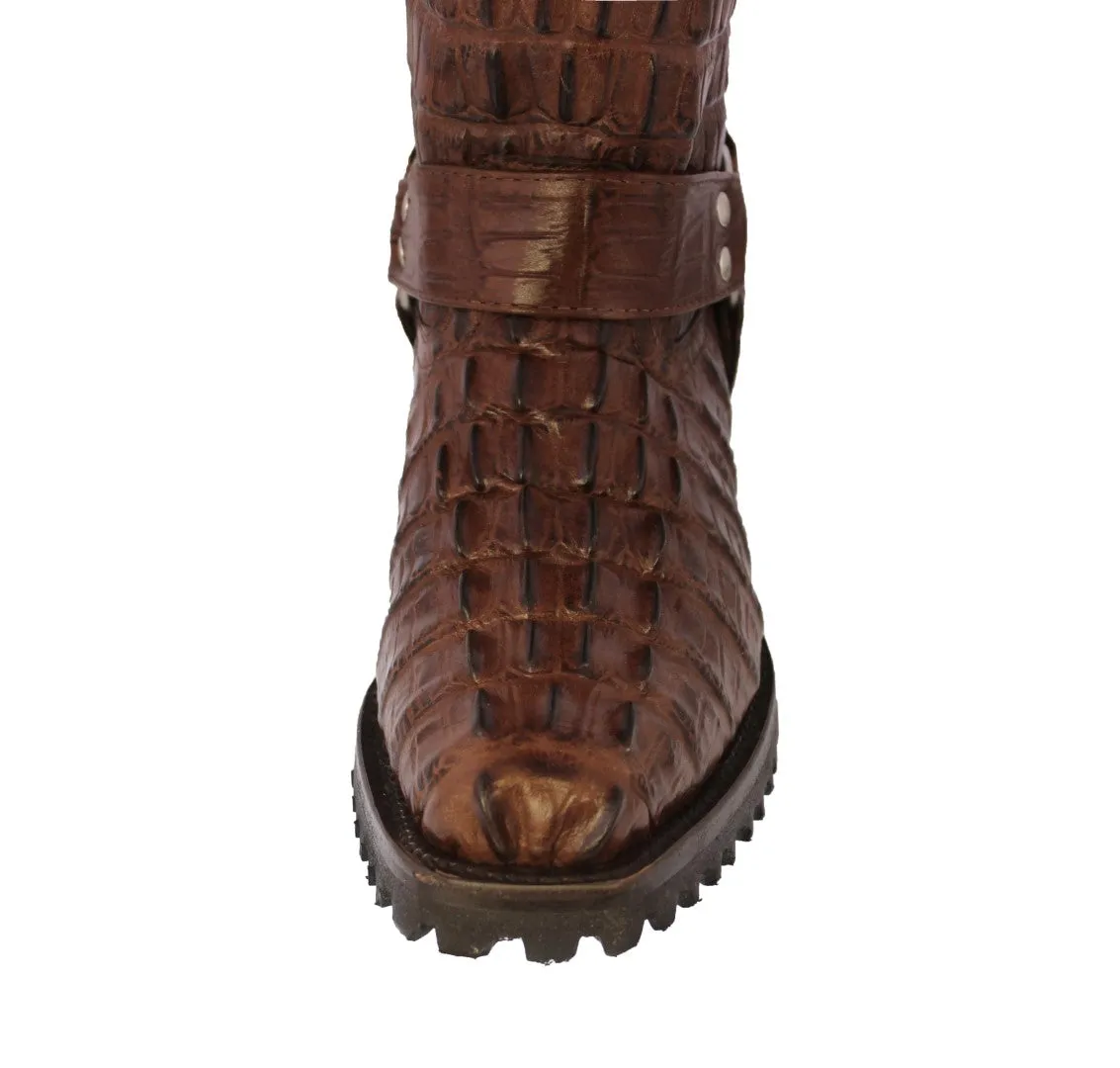 Mens Brown Motorcycle Boots Crocodile Tail Print - Square Toe