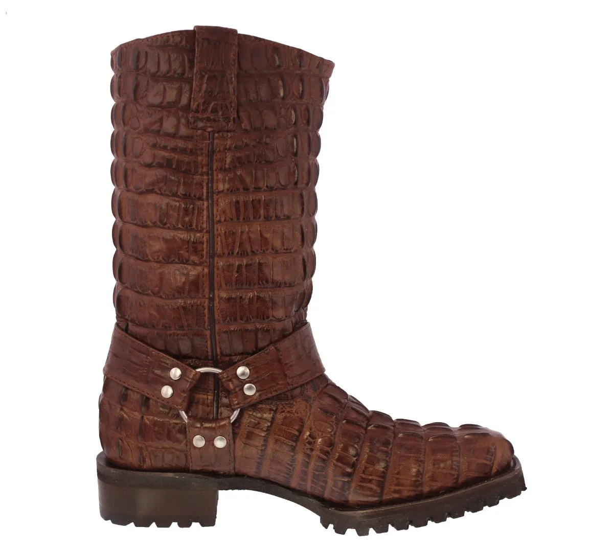 Mens Brown Motorcycle Boots Crocodile Tail Print - Square Toe