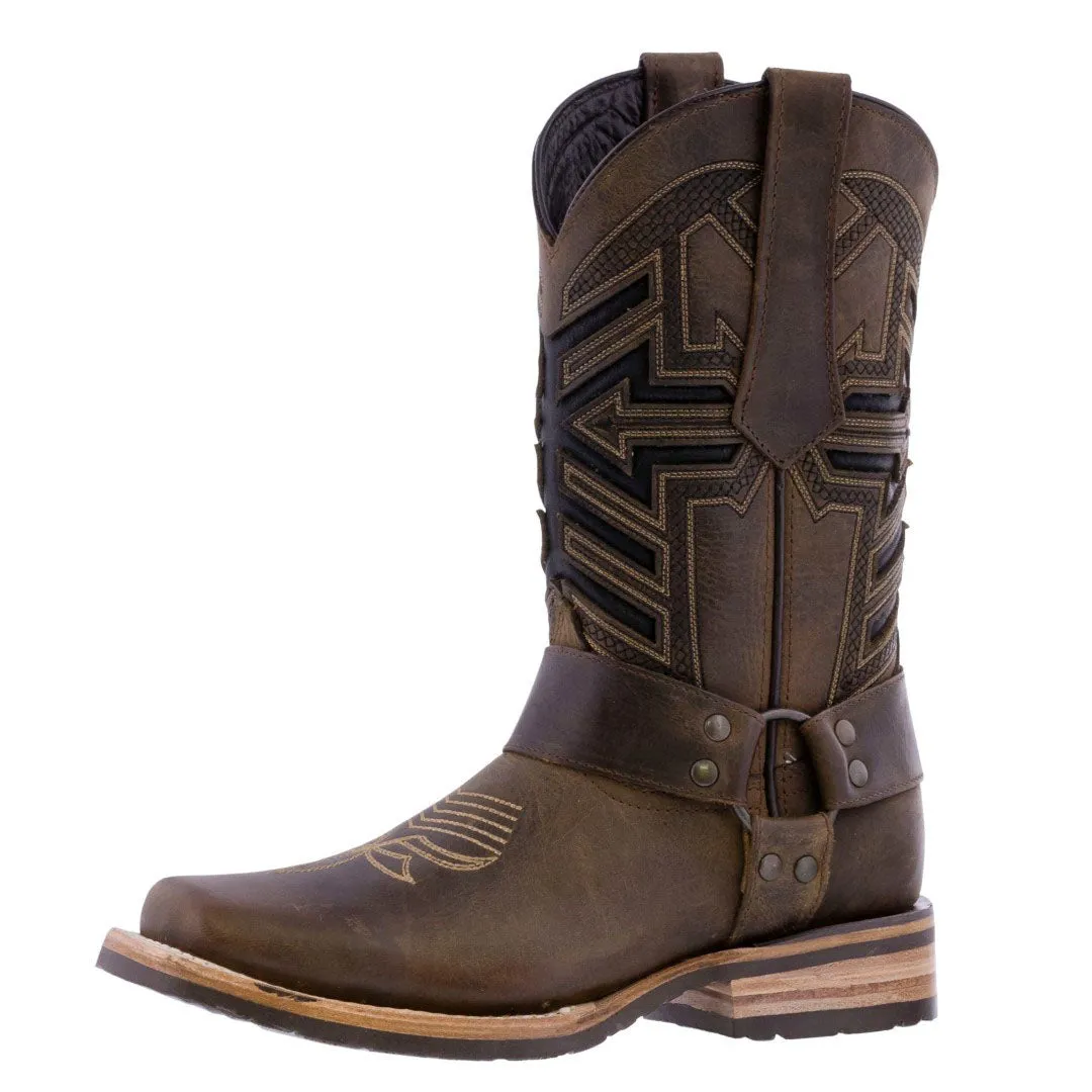 Mens Brown Motorcycle Leather Boots Harness - Square Toe