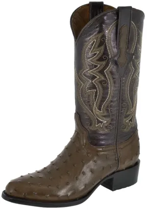 Mens Brown Ostrich Print Leather Cowboy Boots - Round Toe