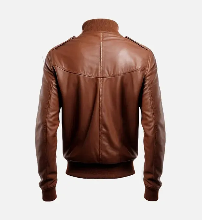 Men's Brown Slim Fit Bomber Leather Jacket