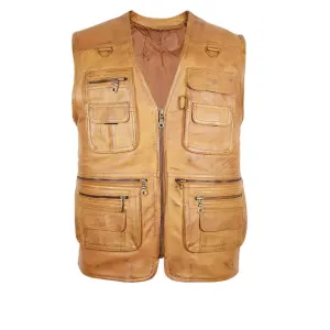 Mens Brown V-Neck Leather Hunting Vest