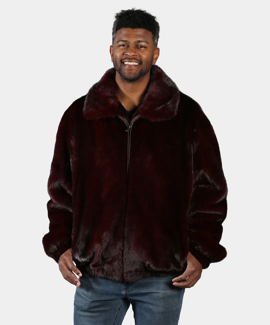 Men's Burgundy Mink Bomber Jacket