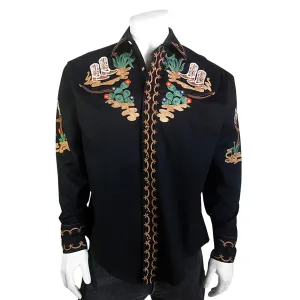 Men's Cactus & Cowboy Boots Embroidered Western Shirt in Black