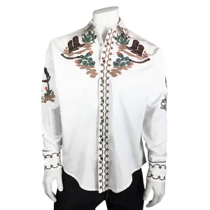 Men's Cactus & Cowboy Boots Embroidered Western Shirt in Ivory