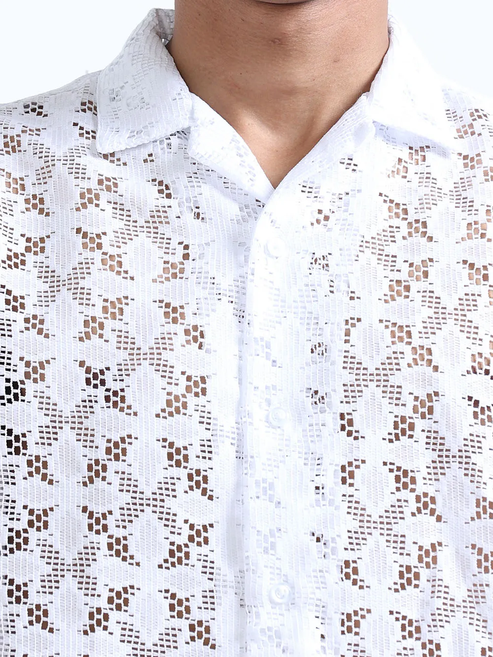 Men's Catskill White Cuban Collar Crochet shirt