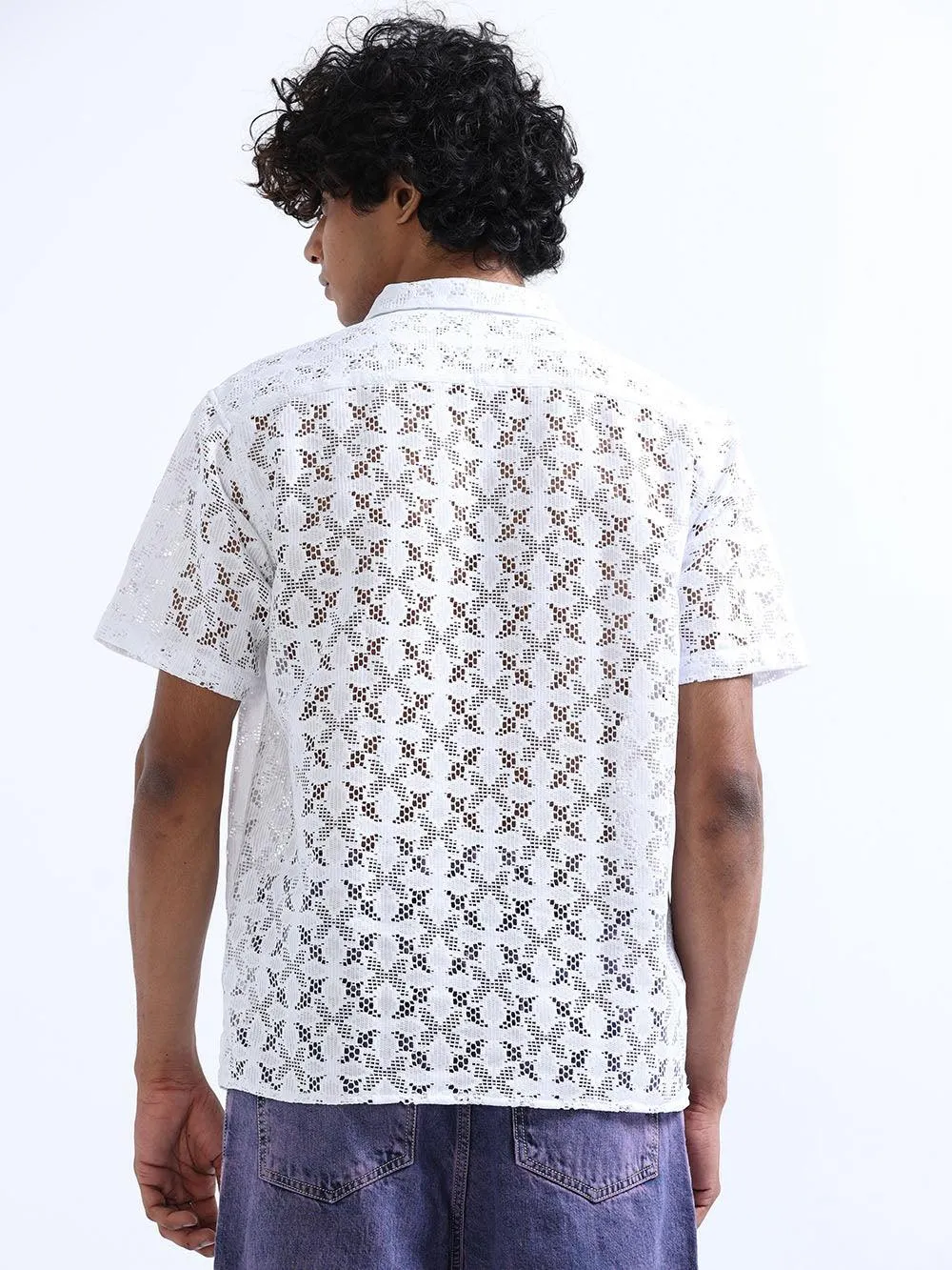 Men's Catskill White Cuban Collar Crochet shirt