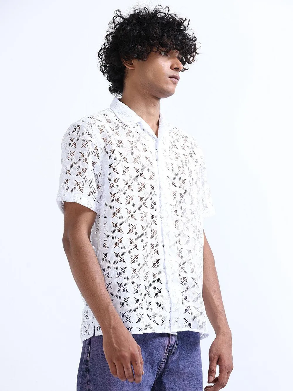 Men's Catskill White Cuban Collar Crochet shirt