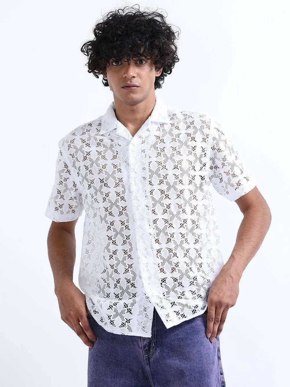 Men's Catskill White Cuban Collar Crochet shirt