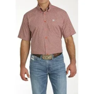 MEN'S CINCH GEOMETRIC PRINT BUTTON-DOWN SHORT SLEEVE WESTERN SHIRT - RED / TURQUOISE