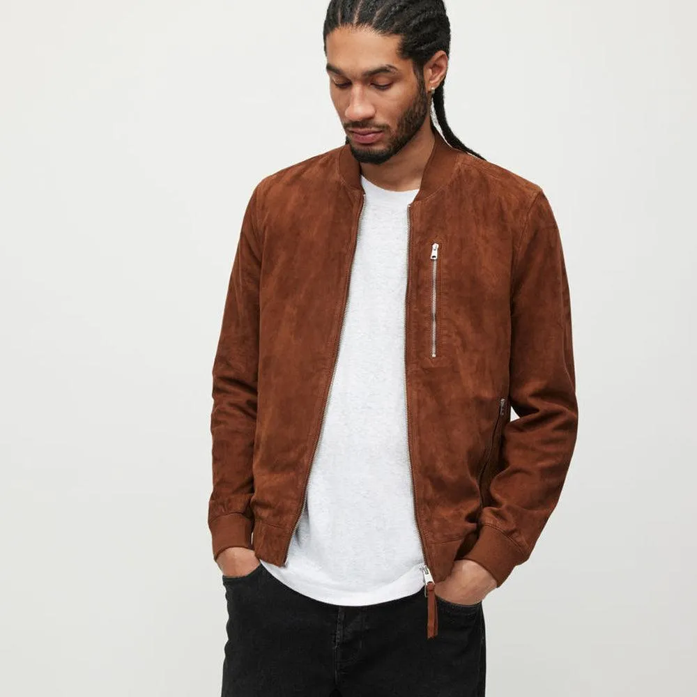 Men's Classic Brown Suede Lambskin Leather Bomber Jacket