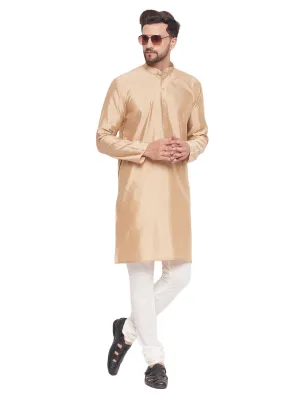 Men's Classic Ethnic Motif Jacquard Silk Blend Kurta With Golden Buttons And Cream Pyjama - Vastramay