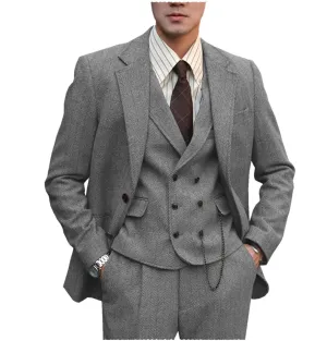 Men’s Classical Herringbone Suits 3 Piece Suits  Regular Fit Wedding Groom Suits (blazer vest pants)