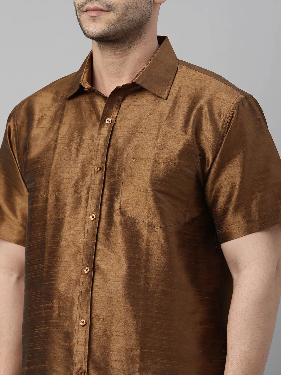 Men's Coffee And White Silk Blend Shirt And Mundu - Vastramay