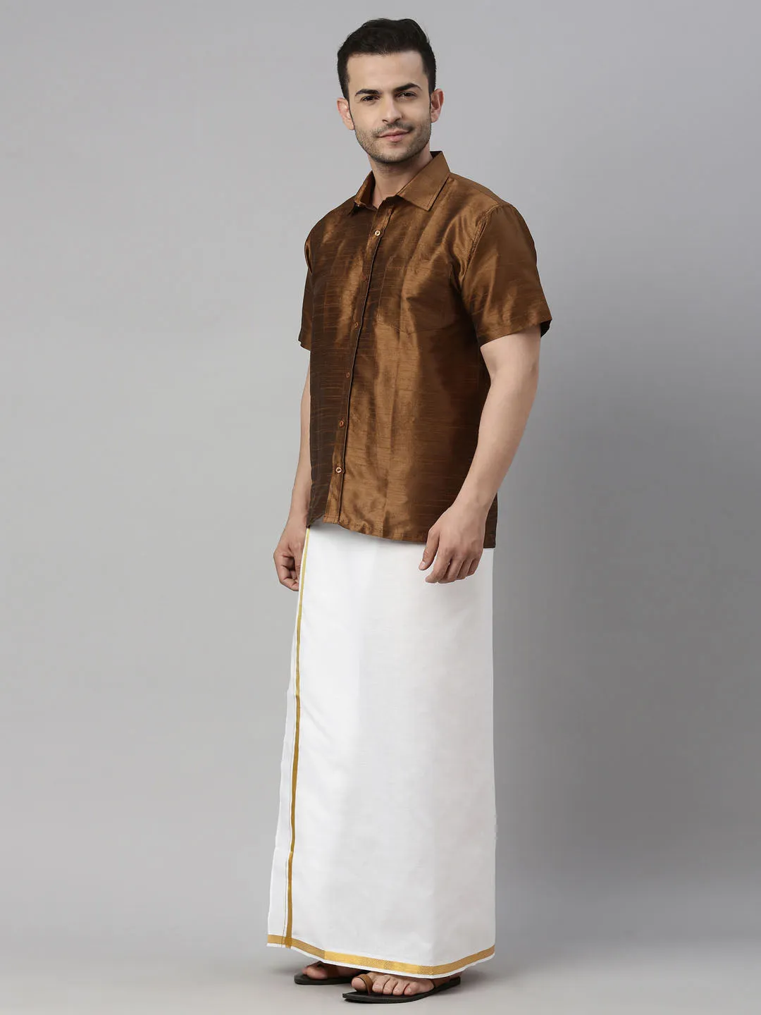 Men's Coffee And White Silk Blend Shirt And Mundu - Vastramay