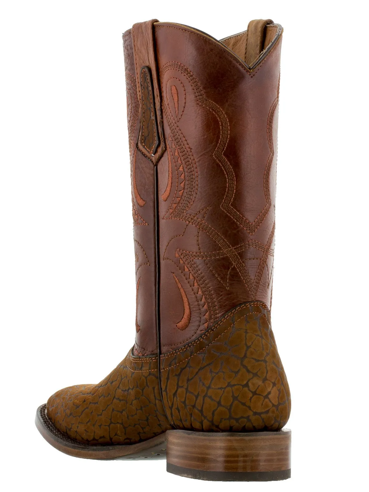 Mens Cognac Leather Cowboy Boots Buffalo Bull Skin Square Toe