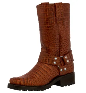 Mens Cognac Motorcycle Boots Crocodile Belly Print - Square Toe