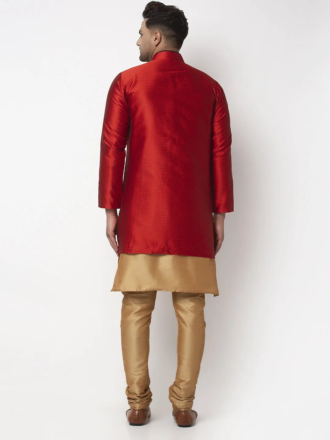 Men's Copper Kurta With Pyjama & Red Self Design Jacket - Benstoke